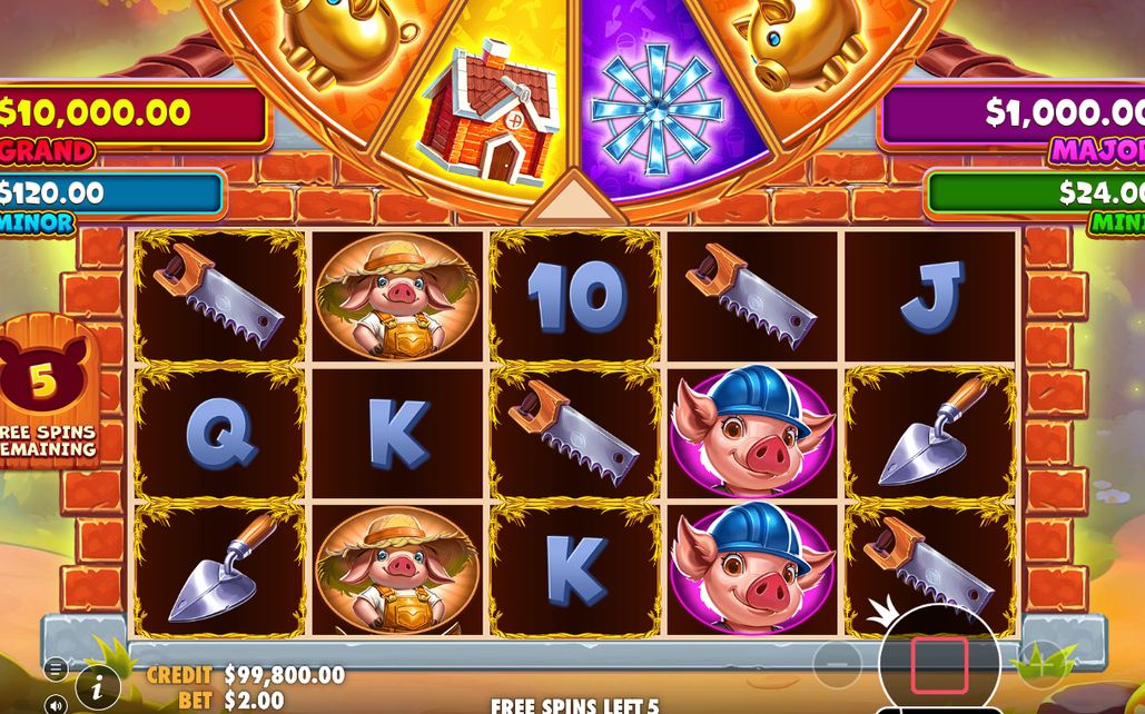 Free Spins round with straw, wood and brick positions